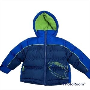 Carter’s Puffer Jacket Blue Green Football Sz 18 Months Full Zip Hooded
